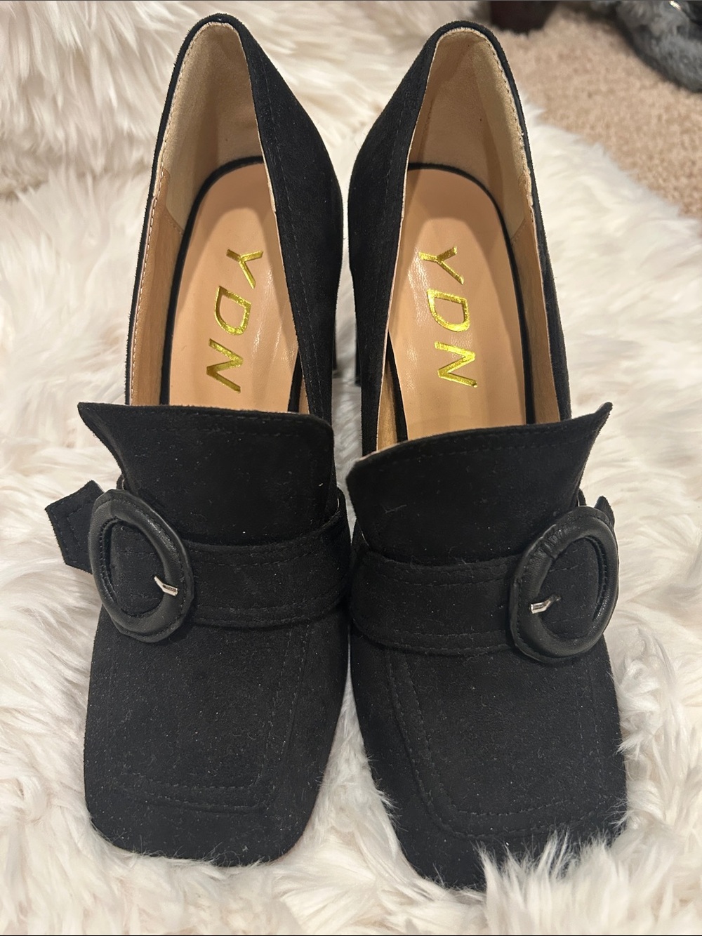 YDN Black Suede Buckle Heels
